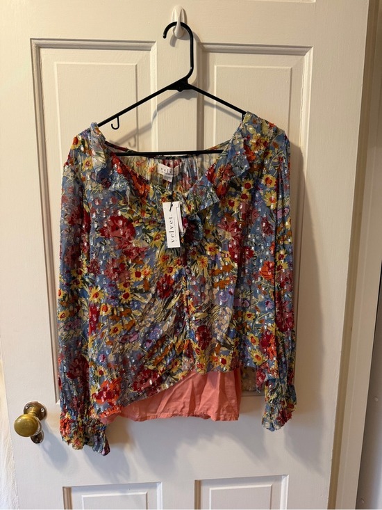 Velvet by Graham & Spencer Tops - Velvet by Graham & Spencer Floral Ruffle Long-Sleeve Blouse - Blue, Red, Yellow